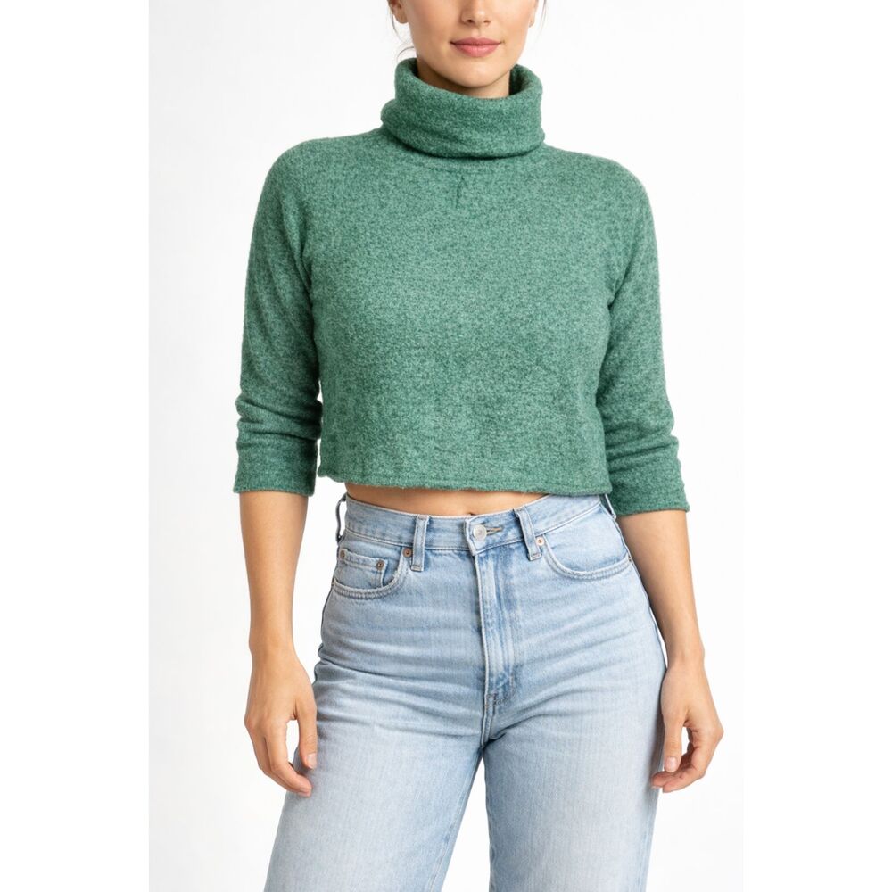 Marina Luna 100% Merino Wool Turtleneck Sweater M Green Cropped 3/4 Sleeve 3X